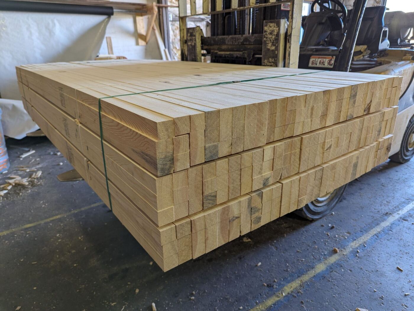 Banded bundles of stakes ready for shipment.