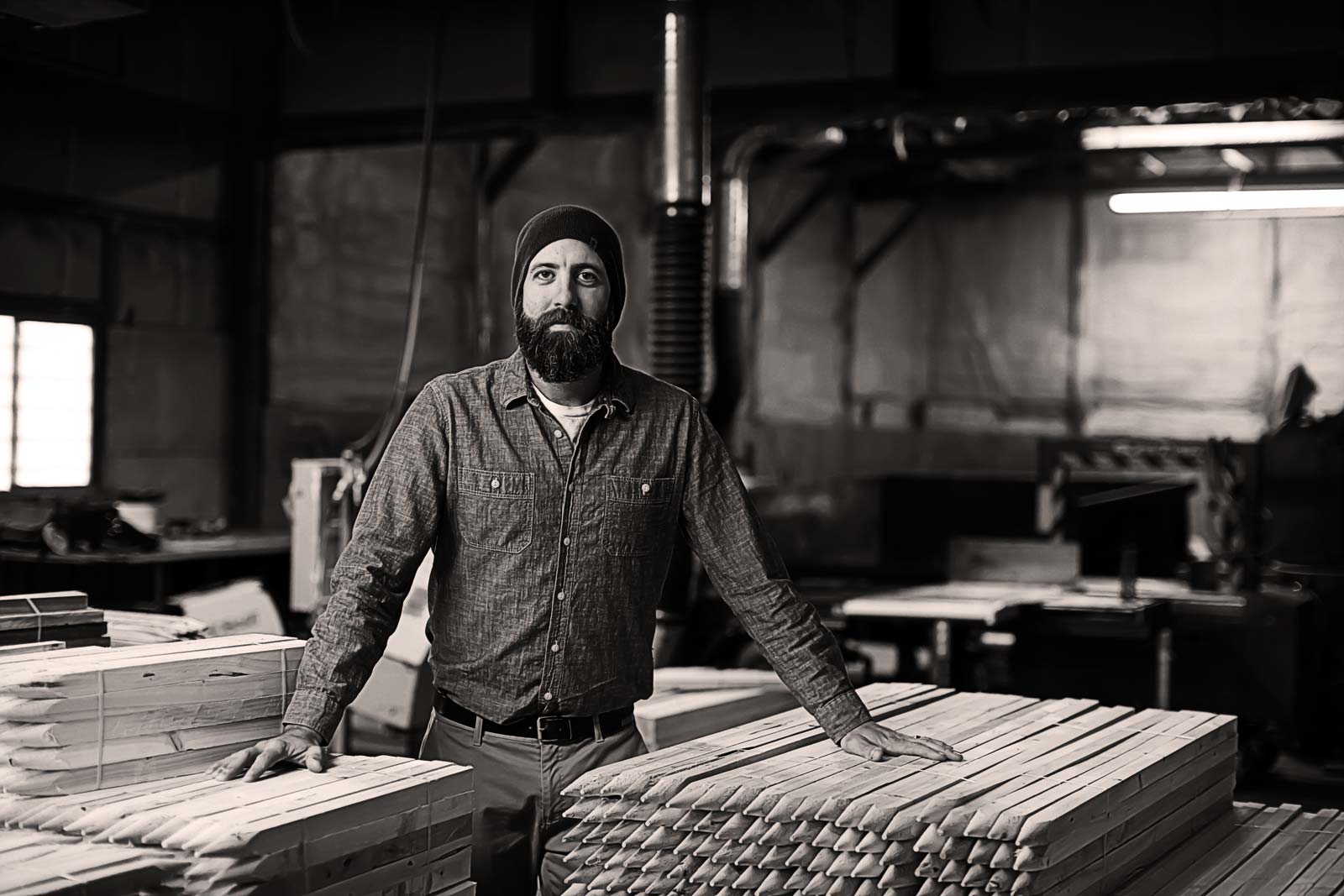 Drew Patterson, owner of Basic Industries, on the shop floor.
